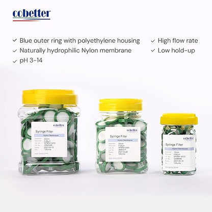 100 Pack Syringe Filter Nylon Lab Filters 0.45μm Pore Size 13mm Diameter Hydrophilic Filtration Non-sterile Green