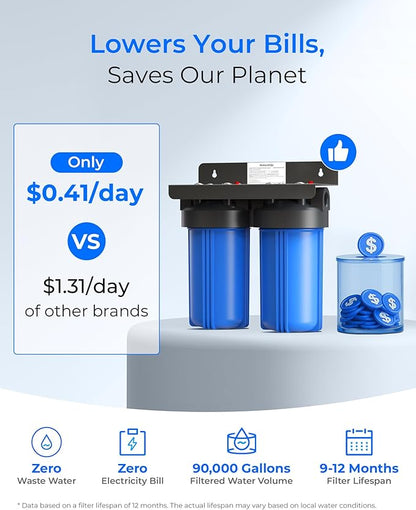 Waterdrop 2 Stage Whole House Water Filter System, with Carbon and Sediment Filter, Highly Reduce Lead, PFAS and Heavy Metals, Taste, 5-Stage Filtration, WD-WHF21-PBL, 1" Inlet/Outlet