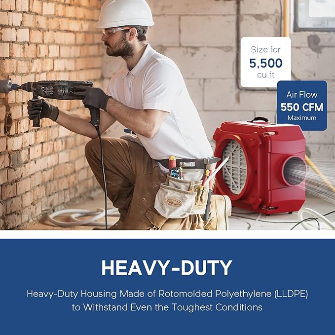 AlorAir CleanShield HEPA 550 - Heavy Duty Commercial Air Scrubber HEPA Filter System, 25' Power Cord with Lighted End and Roto-Molded Unbreakable Housing Air Cleaner, cETL Listed, Red (Pack of 8)