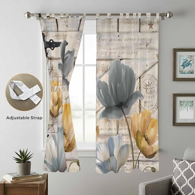 Spring Tulips Flower Living Room Curtains 84 Inch Length, Window Curtains Tab Top, Vintage Floral Barn Doors Rustic Beige Light Filtering Window Treatments Drapes 52"x84" 2 Panel