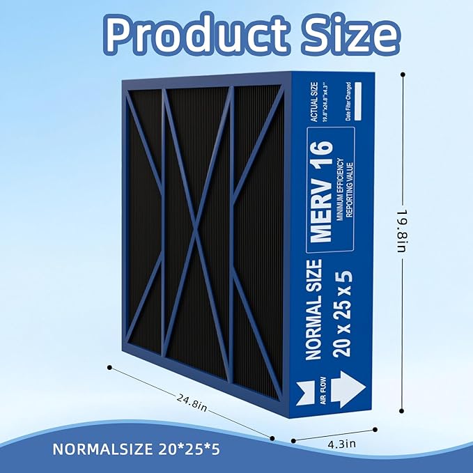 20x25x5 Merv 16 Air Filter Compatible with Lennox X6675 and Lennox HCC20-28 Furnace HVAC System, Activated carbon deep filtration, Part Number HCF20-16, (actual size:19.8" x 24.8" x 4.3")