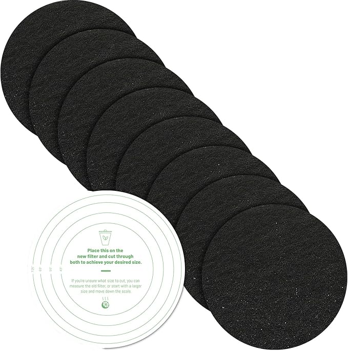 Pack of 8 Compost Bin Charcoal Filters Round Indoor Kitchen Compost Bucket Activated Charcoal Filters Replacements Sheets Universal Size with Sizing Template to 7.25"