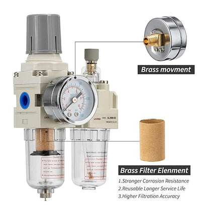Air Pressure Regulator with Pressure Gauge(0-150PSI),Water Separator for Air Compressor Semi-Auto Drain 1/4 NPT Threaded Interface