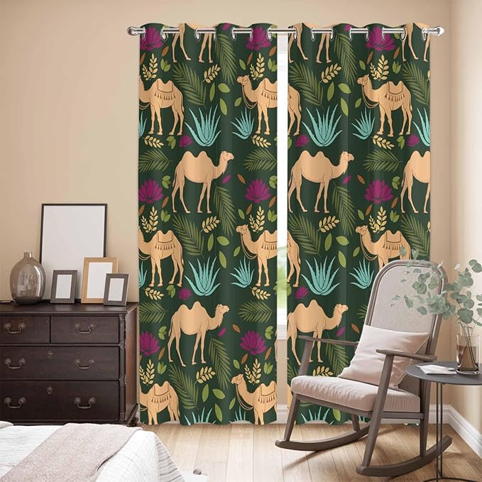 2 Panel Kitchen Cafe Curtains, Retro Desert Camel Sunlight Filtering Nature Air Through, Window Decor Tier Curtains for Living Room 80W x 84L inch Tropical Animal Aloe Vera Leaves Dark Green