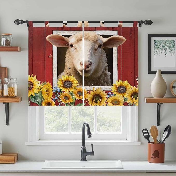 Sheep Sunflower Bedroom Curtains 63 Inch Length, Window Curtains Tab Top, Country Red Farm Barn Spring Flowers Light Filtering Window Treatments Drapes 42"x63" 2 Panel