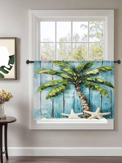 Sheer Curtains 54 Inch Length, Coastal Beach Starfish Semi Sheer Curtains Light Filtering Window Treatment, Blue Green Tropical Palm Tree Wood Grain Privacy Voile Drapes for Living Room 52x54 Inch
