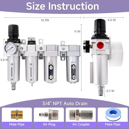 3/4" NPT Industrial Air Dryer for Compressor,4 Stage Air Drying System with 5-Micron & 0.01-Micron Filters,Auto Drain,Suitable for Plasma Cutter and Paint Spray