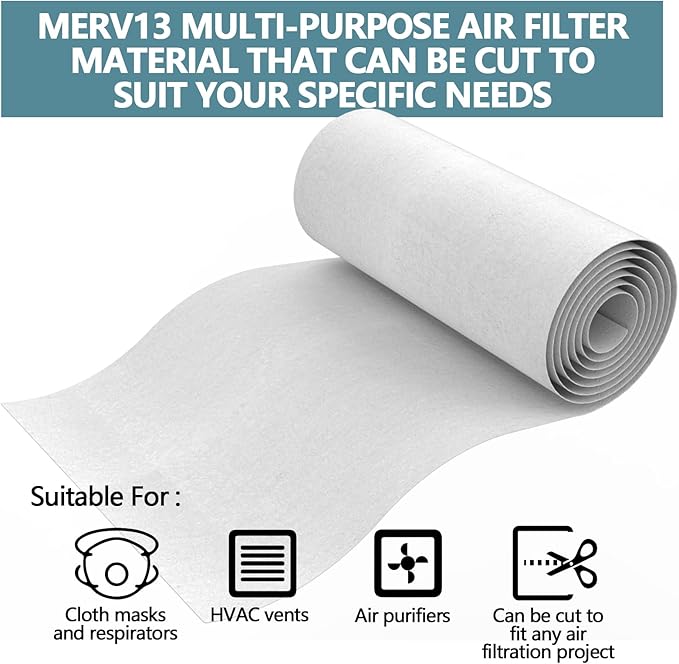 MERV 13 Filter Material, 23 Ft² Cut to Fit Air Filter Material for Captures Dust and Pet Dander as Small as 0.3 Microns. With Adhesive Hook Tape, Suitable for Ceiling and HVAC Furnace Vents