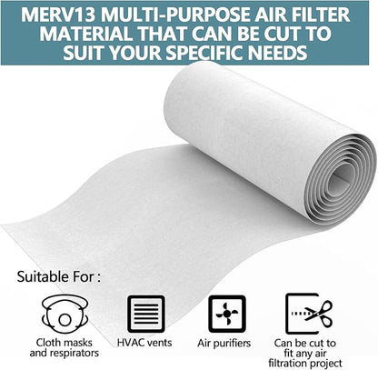 MERV 13 Filter Material, 23 Ft² Cut to Fit Air Filter Material for Captures Dust and Pet Dander as Small as 0.3 Microns. With Adhesive Hook Tape, Suitable for Ceiling and HVAC Furnace Vents