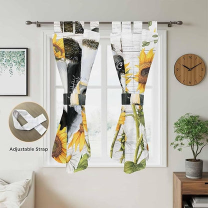 Retro Farmhouse Floral Living Room Curtains 84 Inch Length, Window Curtains Tab Top, Yellow Sunflowers Cows Butterfly Wood Light Filtering Window Treatments Drapes 42"x84" 2 Panel