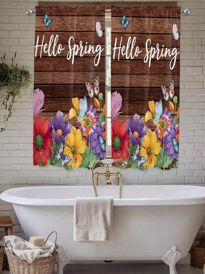 Spring Flowers Bedroom Curtains 63 Inches length, Watercolor Farmhouse Colorful Wooden Grain Window Treatment Curtain Drapes, Rod Pocket Curtain Panels for Living Room Kitchen, 42"x63", 2 Panels