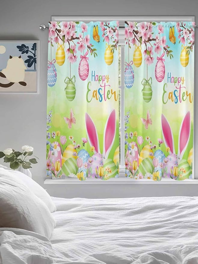 Easter Living Room Curtains 72 Inches length, Spring Bunny Colorful Rabbit Eggs Butterfly Blue Green Window Treatment Curtain Drapes, Light Filtering Drapes for Bedroom Laundry Room, 52"x72", 2 Panels