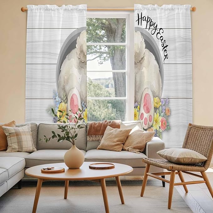 Easter Bunny Window Curtains 72 Inch Long 2 Panel Set,Rod Pocket Long Curtains & Drapes,3D Optical Illusion Farmhouse Flower Wood Grain Light Filtering Window Treatment for Bedroom 52"W x 72"L