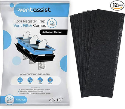 Activated Carbon Air Vent Filters for Home - 4" x 10" MERV 8 Electrostatic Floor Vent Filters that Trap Dust, Dirt, Smoke, Pollen, Hair - 90 Day Filtration (12 Pack)
