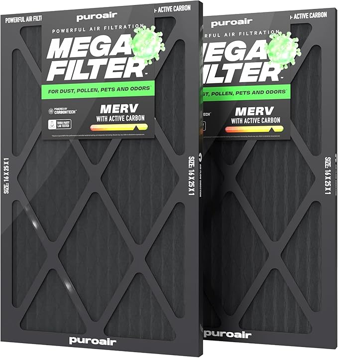 PuroAir MegaFilter - 16x25x1 Air Filter MERV 13 Activated CarbonTech Defense - Heavy Duty 3 Layer Furnace Filters Allergens, Pollen, Dust, Pet Dander, Smoke, Odors - HVAC Air Filter 16x25x1 (2-Pack)