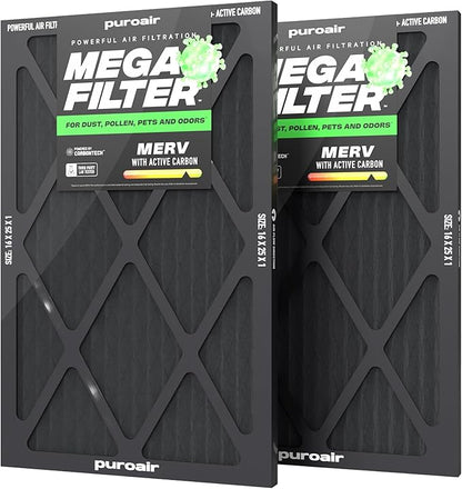 PuroAir MegaFilter - 16x25x1 Air Filter MERV 13 Activated CarbonTech Defense - Heavy Duty 3 Layer Furnace Filters Allergens, Pollen, Dust, Pet Dander, Smoke, Odors - HVAC Air Filter 16x25x1 (2-Pack)