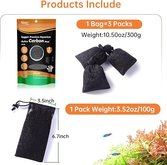 hygger Aquarium Activated Carbon, Premium Natural Coconut Shell Activated Charcoal for Freshwater and Saltwater, Fish Tank Filter Media, Water Purification Carbon (10.5 oz with Fine Mesh Bag)