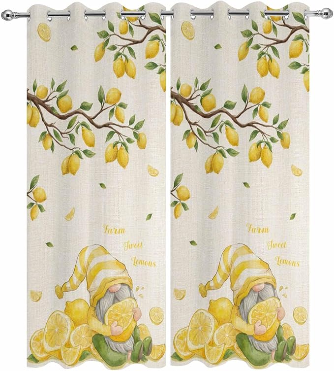 Summer Outdoor Curtains for Patio Lemon Gnome Leaf Linen Texture Waterproof Outside Curtains with Grommet Top Weatherproof Curtain for Cabana Pergola Gazebo, 2 Pack, 54" W x 95" L