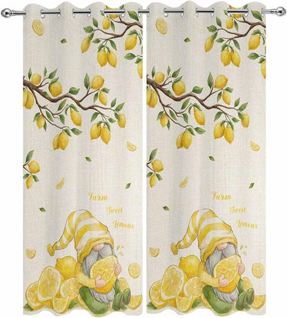 Summer Outdoor Curtains for Patio Lemon Gnome Leaf Linen Texture Waterproof Outside Curtains with Grommet Top Weatherproof Curtain for Cabana Pergola Gazebo, 2 Pack, 54" W x 95" L