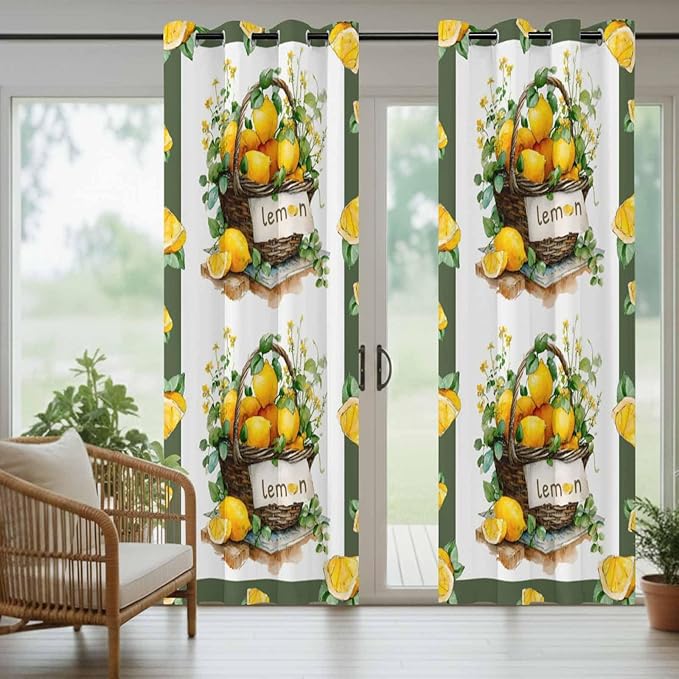 Lemon Outdoor Curtains for Patio Lemons Baskets Summer Tropical Plant Waterproof Outside Curtains with Grommet Top Weatherproof Curtain for Cabana Pergola Gazebo, 1 Panel, 54" W x 108" L