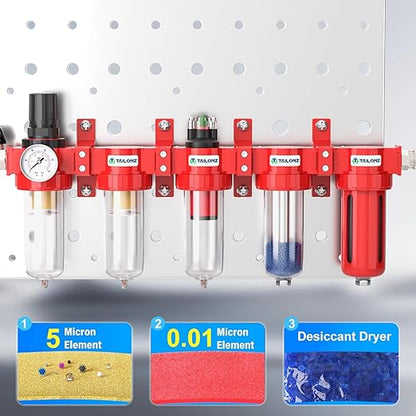 TAILONZ PNEUMATIC 0-150PSI 1/2 Inch NPT Red Industrial Grade 5 Stage Air Drying System, Particulate Filter, Coalescing Filter, Double Desiccant Dryer and Air Regulator (Manual Drainage)