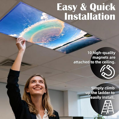 4 Pcs Fluorescent Light Covers - Classroom, Office 4 x 2 Feet Flame Retardant Magnetic Covers for Ceiling Lights Filters (Blue Sky - Rainbow)