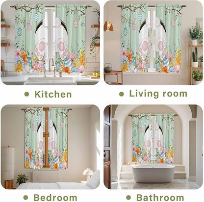 Easter Window Curtains 63 Inch Long 2 Panel Set, Rod Pocket Bedroom Curtains & Drapes, Spring Watercolor Bunny Eggs Wooden Grain Green Light Filtering Window Treatment for Living Room 42"W x 63"L