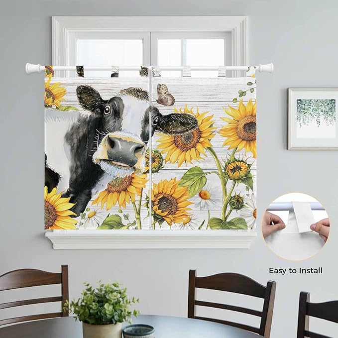 Retro Farmhouse Floral Bedroom Curtains 63 Inch Length, Window Curtains Tab Top, Yellow Sunflowers Cows Butterfly Wood Light Filtering Window Treatments Drapes 42"x63" 2 Panel