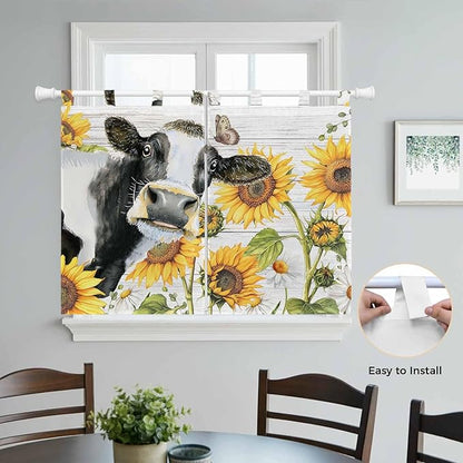 Retro Farmhouse Floral Bedroom Curtains 63 Inch Length, Window Curtains Tab Top, Yellow Sunflowers Cows Butterfly Wood Light Filtering Window Treatments Drapes 42"x63" 2 Panel