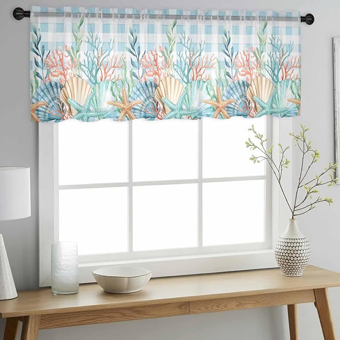 Summer Beach Sheer Valance Curtains, Ocean Colorful Coral Shell Seaweed Starfish Blue Plaid Light Filtering Kitchen Valances Rod Pocket Voile Curtain Treatment for Bedroom/Living Room/Basement 54Wx18L