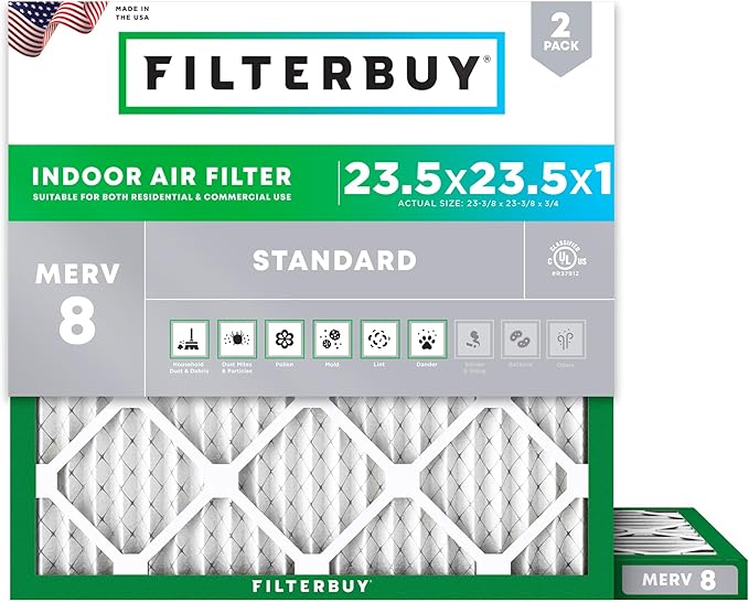 Filterbuy 23.5x23.5x1 Air Filter MERV 8 Essential Dust & Allergy Defense (2-Pack), Electrostatic Pleated HVAC AC Furnace Filters Replacement, Made in USA (Actual Size: 23.38 x 23.38 x 0.75)