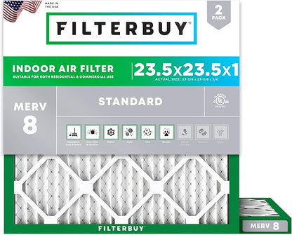 Filterbuy 23.5x23.5x1 Air Filter MERV 8 Essential Dust & Allergy Defense (2-Pack), Electrostatic Pleated HVAC AC Furnace Filters Replacement, Made in USA (Actual Size: 23.38 x 23.38 x 0.75)