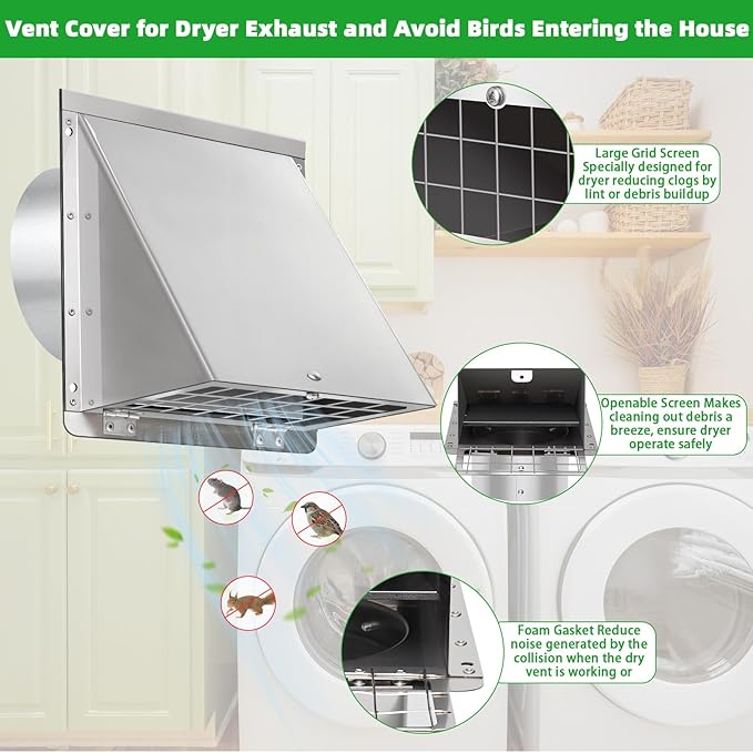 6 Inch Wall Vent with Screen and Damper,304 Stainless Steel Outdoor Wall Exhaust Vent Cover,6in Dryer Vent Cover Outside,Exterior Wall Vent Hood Cap for Dryer,Kitchen Range Hood,Bathroom Air Vent