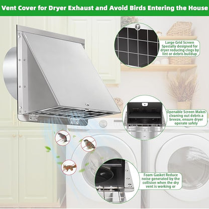 4 Inch Dryer Vent Cover Outside with Mesh with Cushioned Flap,304 Stainless Steel Wall Vent Exhaust Vent Cover,4" Outdoor Dryer Vent Cover Hood Exterior Wall Vent Cover Cap for Range Hood Vent AC Vent