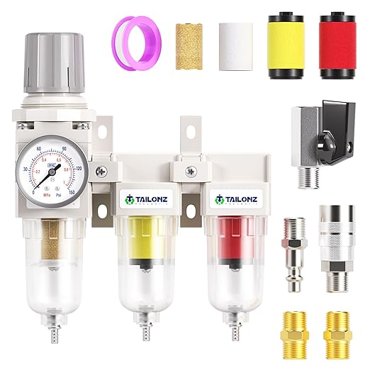 TAILONZ PNEUMATIC 0-150PSI 1/4 Inch NPT Grade 3 Stage Air Drying System, Particulate Filter, Air Filter Pressure Regulator Combo Piggyback, Air Tool Compressor Filter with Gauge (Semi-Auto Drainage）