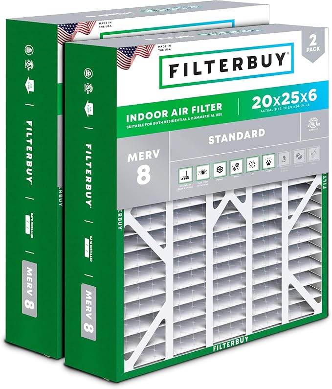 Filterbuy 20x25x6 Air Filter MERV 8 Essential Dust & Allergy Defense (2-Pack), Pleated HVAC AC Furnace Filters for AprilAire Space-Gard 201, 2200, 2250, & Lennox (Actual Size: 19.75 x 24.25 x 6.00)
