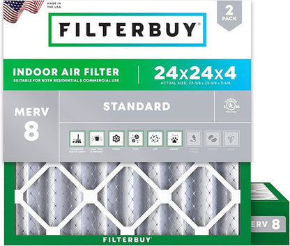 Filterbuy 24x24x4 Air Filter MERV 8 Essential Dust & Allergy Defense (2-Pack), Electrostatic Pleated HVAC AC Furnace Filters Replacement, Made in USA (Actual Size: 23.38 x 23.38 x 3.63)