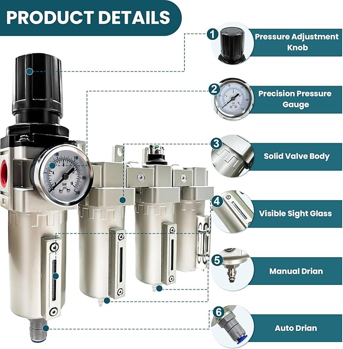 Upgraded 3/4" NPT Industrial Grade 4 Stage Air Drying System, Particulate Filter, Coalescing Filter, Desiccant Dryer & Air Regulator - for Plasma Cutter, Paint Spray, 3Filter&1Dryer System，Auto Drain
