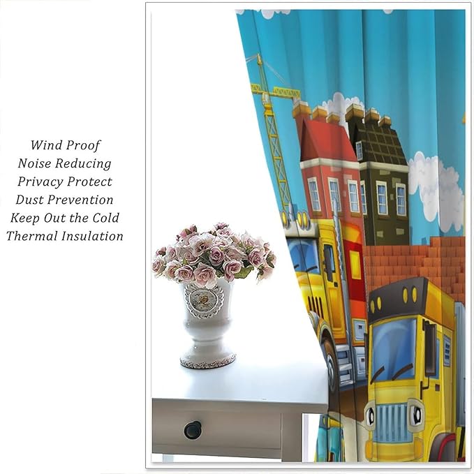 Kids Cartoon Construction Window Curtains, Funny Construction Site Cars and Helicopter Rod Pocket Decorative Windows Curtain for Children Teens Room Decor 72x63in (30% Blackout)
