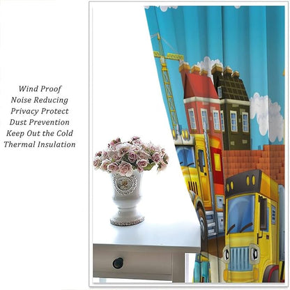 Kids Cartoon Construction Window Curtains, Funny Construction Site Cars and Helicopter Rod Pocket Decorative Windows Curtain for Children Teens Room Decor 72x63in (30% Blackout)