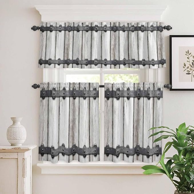 Farmhouse Rustic Kitchen Curtain Set, Vintage Country Wooden Grain Window Valance and Tiers 24" Length, Light Filtering Short Curtains Valance for Cafe Bathroom Bedroom 54"x18"