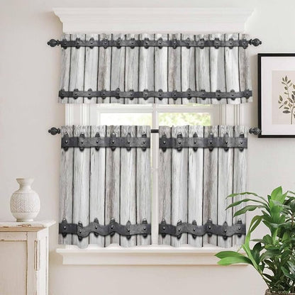 Farmhouse Rustic Kitchen Curtain Set, Vintage Country Wooden Grain Window Valance and Tiers 24" Length, Light Filtering Short Curtains Valance for Cafe Bathroom Bedroom 54"x18"