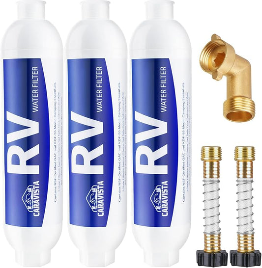 RV Water Filter - Inline Water Filter with 2 Hose Protector and 90 Degree Hose Elbow - NSF & ANSI 42 Certified - Camping Essentials for Reducing Odors, Bad Taste, Chlorine and Rust (3 Pack)