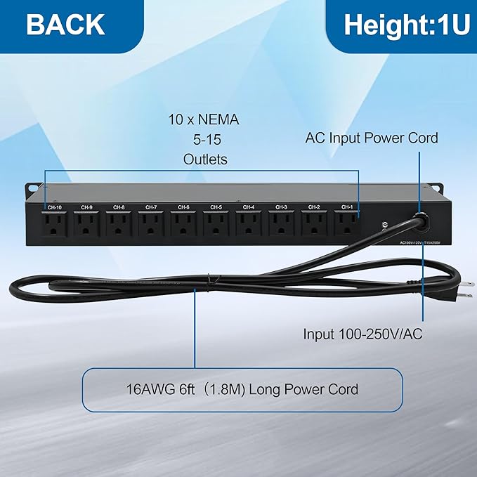 10-Outlet 1U Rack Mount Power Strip - Surge Protector, Features 10 Front Switches with LED Light - Ideal, w/ 6 ft Cord for Network Server Racks and Cabinets