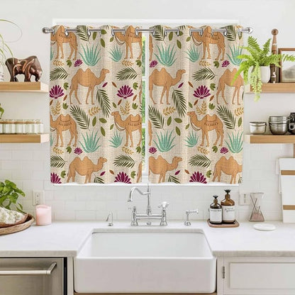 2 Panel Kitchen Cafe Curtains, Desert Camels Sunlight Filtering Nature Air Through, Home Decor Window Covering Tier Curtains for Living Room 104W x 63L inch Vintage Sand Animals Aloe Vera Leaves Beige