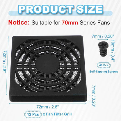 PATIKIL 70mm Fan Filter Grill, 12 Pcs Plastic Ventilation Dustproof Grill Covers Cooling Ventilator with Screws for Industry Workshop Computer Case Refrigerators Air Conditioning, Black
