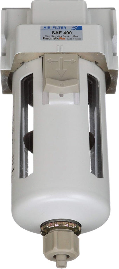 PneumaticPlus SAF400-N04B Compressed Air Particulate Filter 1/2" NPT, 10 Micron Element, Poly Bowl, Manual Drain, Bracket