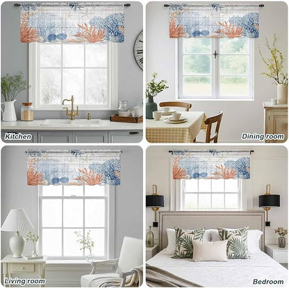 Ocean Corals Sheer Valance Curtains, Summer Beach Coral Sea Stars Wood Grain Light Filtering Kitchen Valances Rod Pocket Voile Curtain Window Treatment for Bedroom/Living Room/Basement 54Wx18L