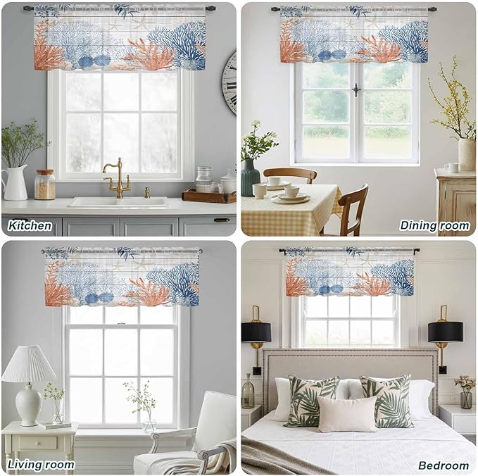 Ocean Corals Sheer Valance Curtains, Summer Beach Coral Sea Stars Wood Grain Light Filtering Kitchen Valances Rod Pocket Voile Curtain Window Treatment for Bedroom/Living Room/Basement 42Wx18L