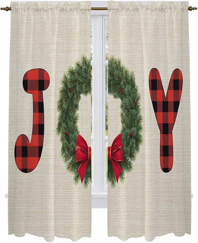Red Green Christmas Window Curtains 72 Inch Long 2 Panel Set, Rod Pocket Long Curtains & Drapes, Farmhouse Xmas Botanical Winter Light Filtering Window Treatment for Bedroom Living Room 52"W x 72"L